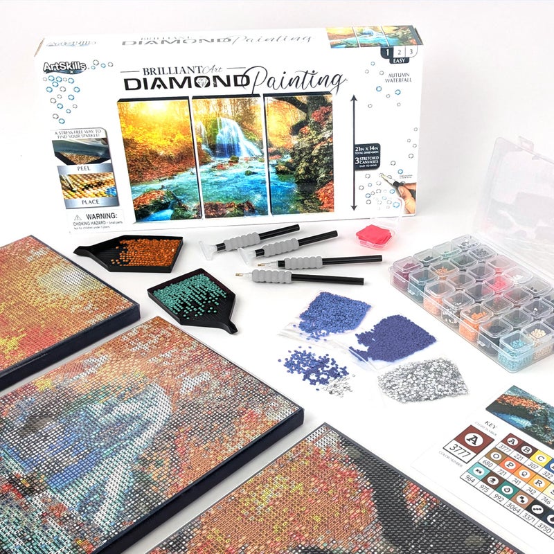 ArtSkills Diamond Painting Kit, Diamond Art on Framed Canvas with Gem Storage Case and Accessory Kit, Waterfall, 3 Stretched Canvas Panels, 14â€ x 7â€ Each - Image 1