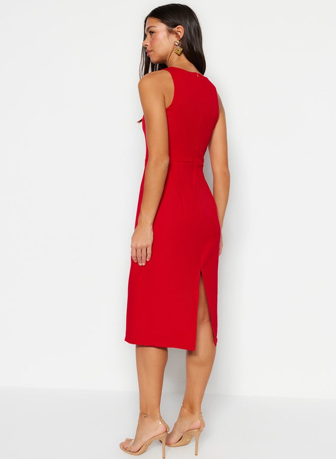 trendyol Red Fitted Midi Pencil Skirt Woven Dress with Accessory Detail on the Collar  - Image 5