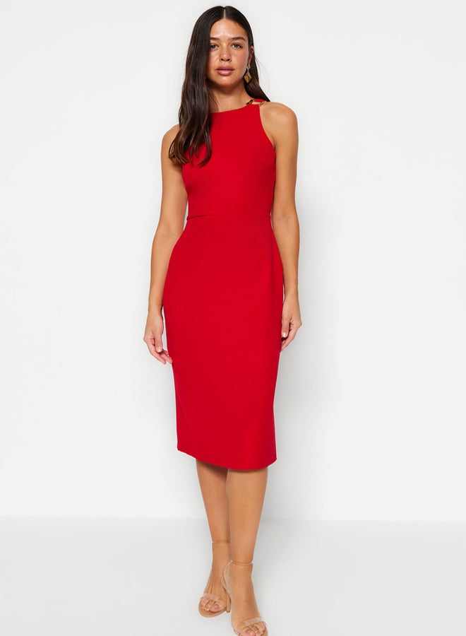 trendyol Red Fitted Midi Pencil Skirt Woven Dress with Accessory Detail on the Collar  - Image 2