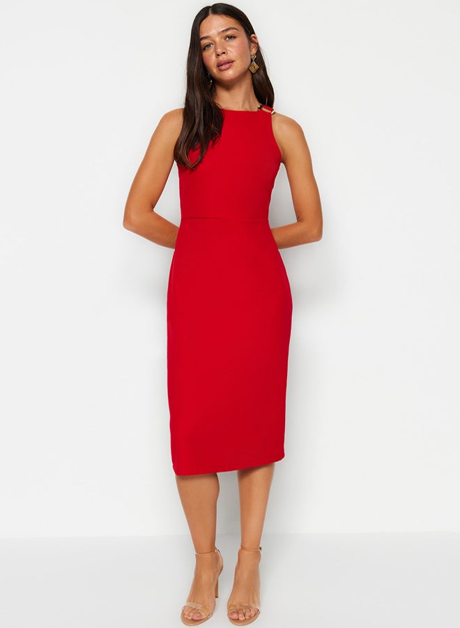 trendyol Red Fitted Midi Pencil Skirt Woven Dress with Accessory Detail on the Collar  - Image 1
