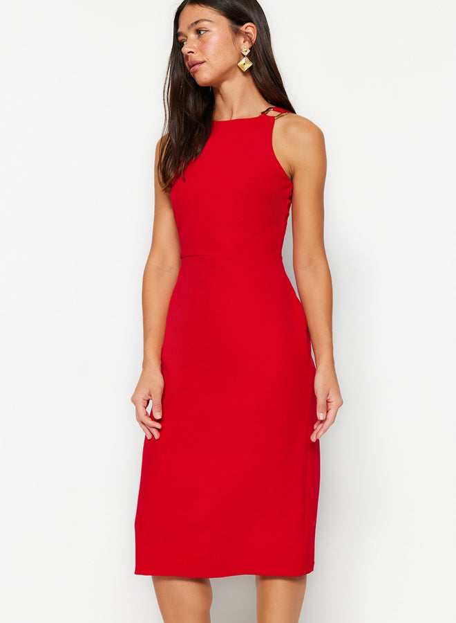 trendyol Red Fitted Midi Pencil Skirt Woven Dress with Accessory Detail on the Collar  - Image 3