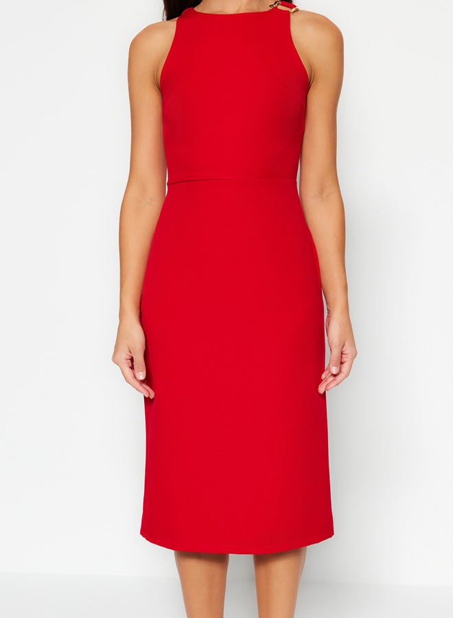 trendyol Red Fitted Midi Pencil Skirt Woven Dress with Accessory Detail on the Collar  - Image 4