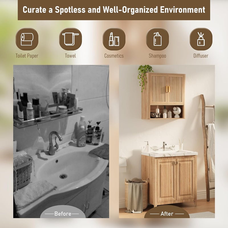 INNOD Bathroom Wall Storage Cabinet, Medicine Cabinet with Adjustable Wood Shelf & Doors, Over The Toilet Storage Cabinet for Laundry Room & Kitchen & Living Room (Natural Oak) - Image 5