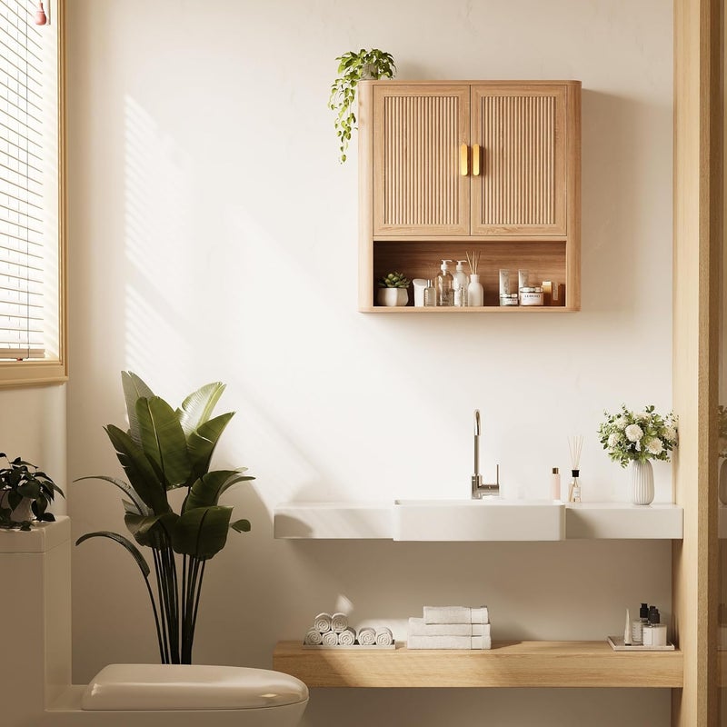 INNOD Bathroom Wall Storage Cabinet, Medicine Cabinet with Adjustable Wood Shelf & Doors, Over The Toilet Storage Cabinet for Laundry Room & Kitchen & Living Room (Natural Oak) - Image 3