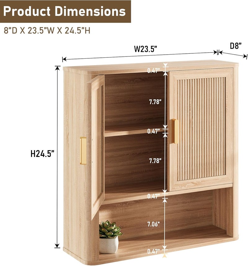 INNOD Bathroom Wall Storage Cabinet, Medicine Cabinet with Adjustable Wood Shelf & Doors, Over The Toilet Storage Cabinet for Laundry Room & Kitchen & Living Room (Natural Oak) - Image 2