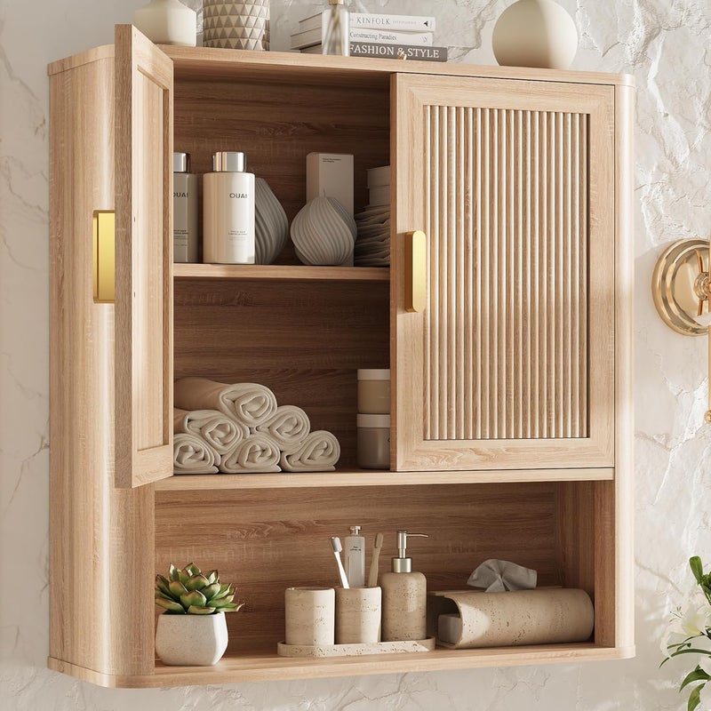 INNOD Bathroom Wall Storage Cabinet, Medicine Cabinet with Adjustable Wood Shelf & Doors, Over The Toilet Storage Cabinet for Laundry Room & Kitchen & Living Room (Natural Oak) - Image 1