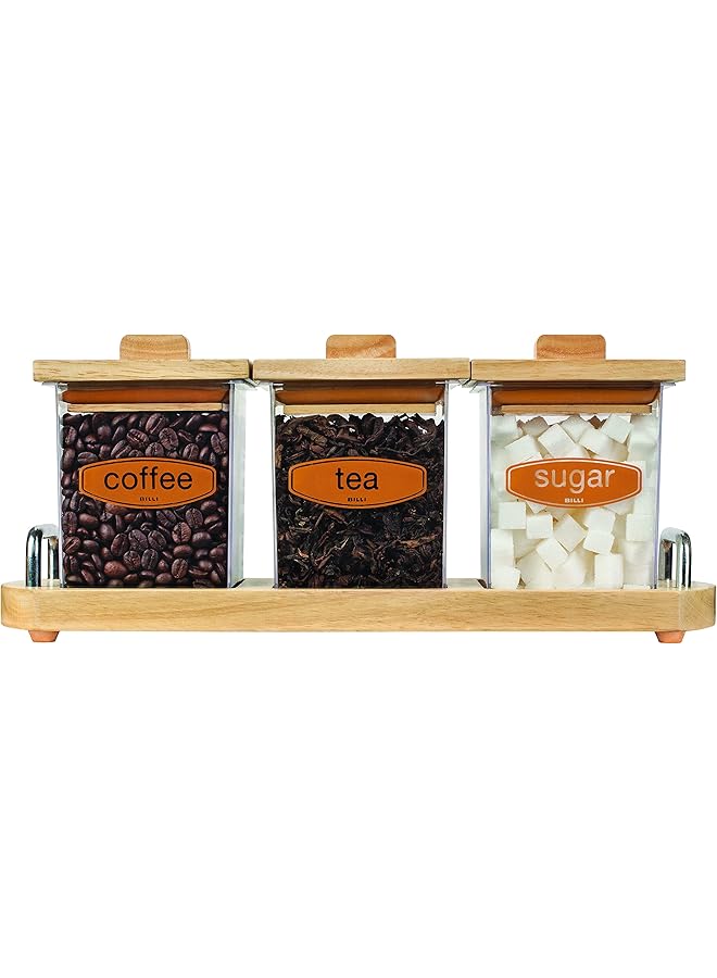 BILLI Coffee, Tea & Sugar Canister Set With Wooden Lid & Stand - Image 2