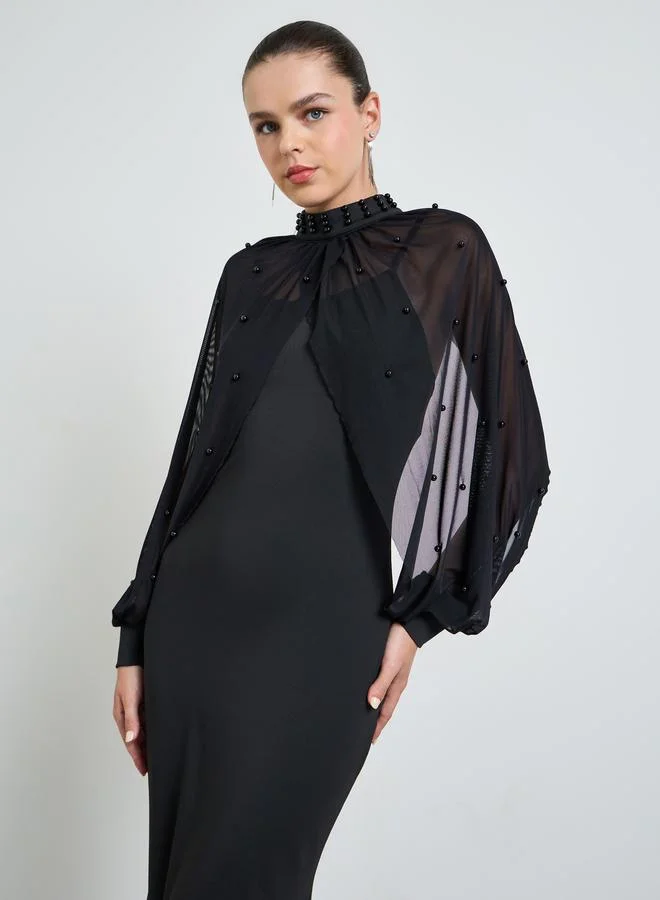 تايك تو Black Sleeveless Maxi Dress and Beads Embellished Sheer Blouse Set