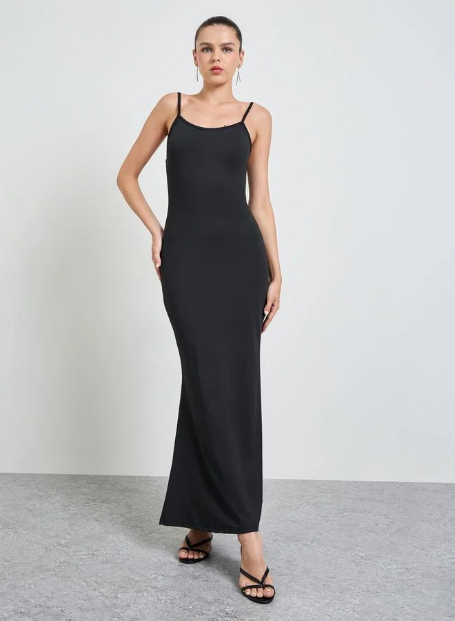 تايك تو Black Sleeveless Maxi Dress and Beads Embellished Sheer Blouse Set
