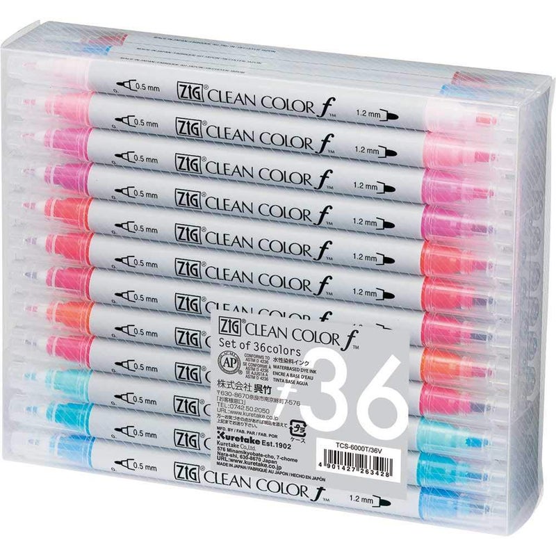 Kuretake ZIG CLEAN COLOR f 36 colors set, 0.5 mm & 1.2 mm, AP-Certified, Odourless, Xylene Free, Suitable for dark paper, Perfect for illustrating, sketching, designing and cartooning. Made in Japan - Image 1