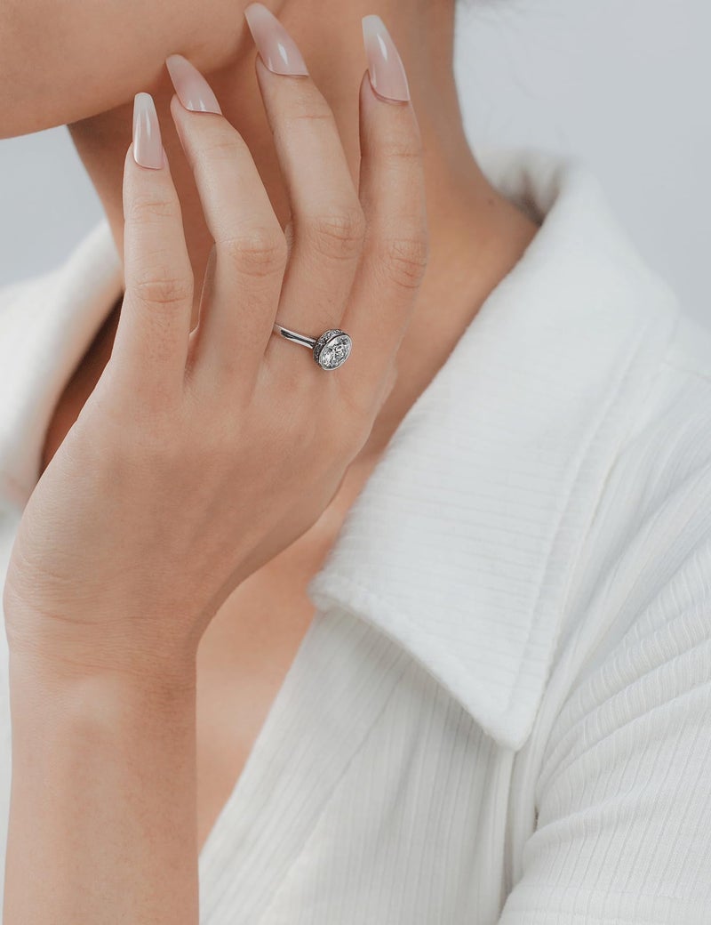 IMOLOVE Moissanite Engagement Rings for Women, 1.5 Carat D Color VVS1 Solitaire Bezel Engagement Ring Hidden Halo Round Cut Moissanite Wedding Rings for Women with 18K White Gold Plated Size 6.5 - Image 3