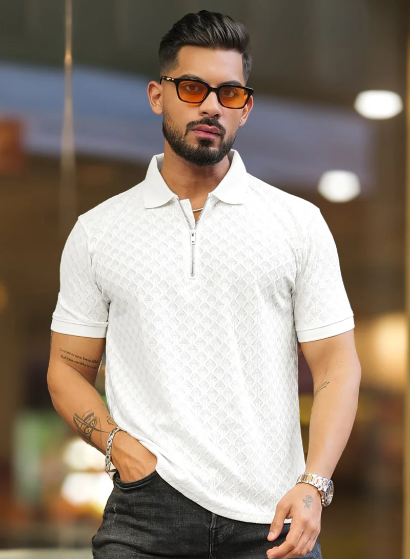 Maniac Maniac Mens Kite Textured Polo Neck Half Sleeve White Cotton Slim Fit T-Shirt