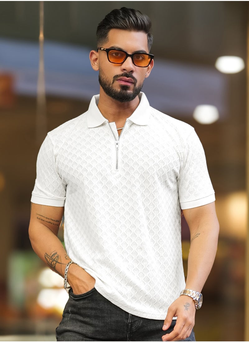 Maniac Maniac Mens Kite Textured Polo Neck Half Sleeve White Cotton Slim Fit T-Shirt  - Image 3
