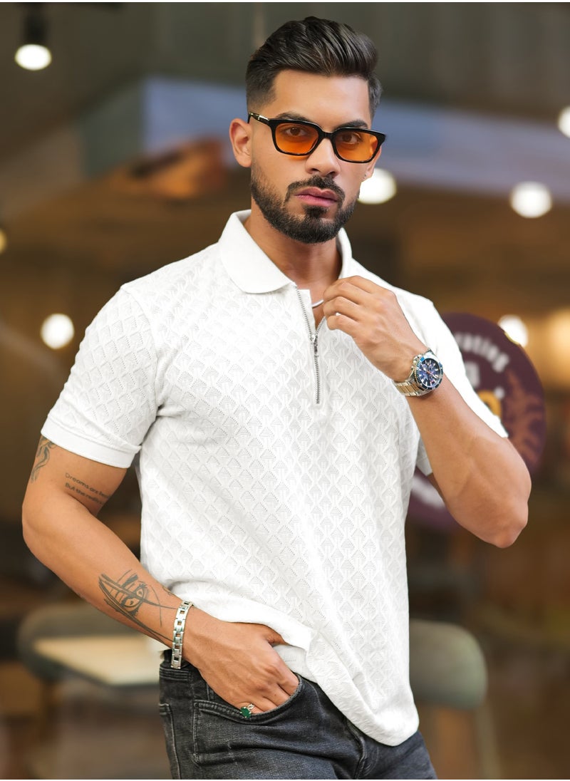 Maniac Maniac Mens Kite Textured Polo Neck Half Sleeve White Cotton Slim Fit T-Shirt  - Image 1