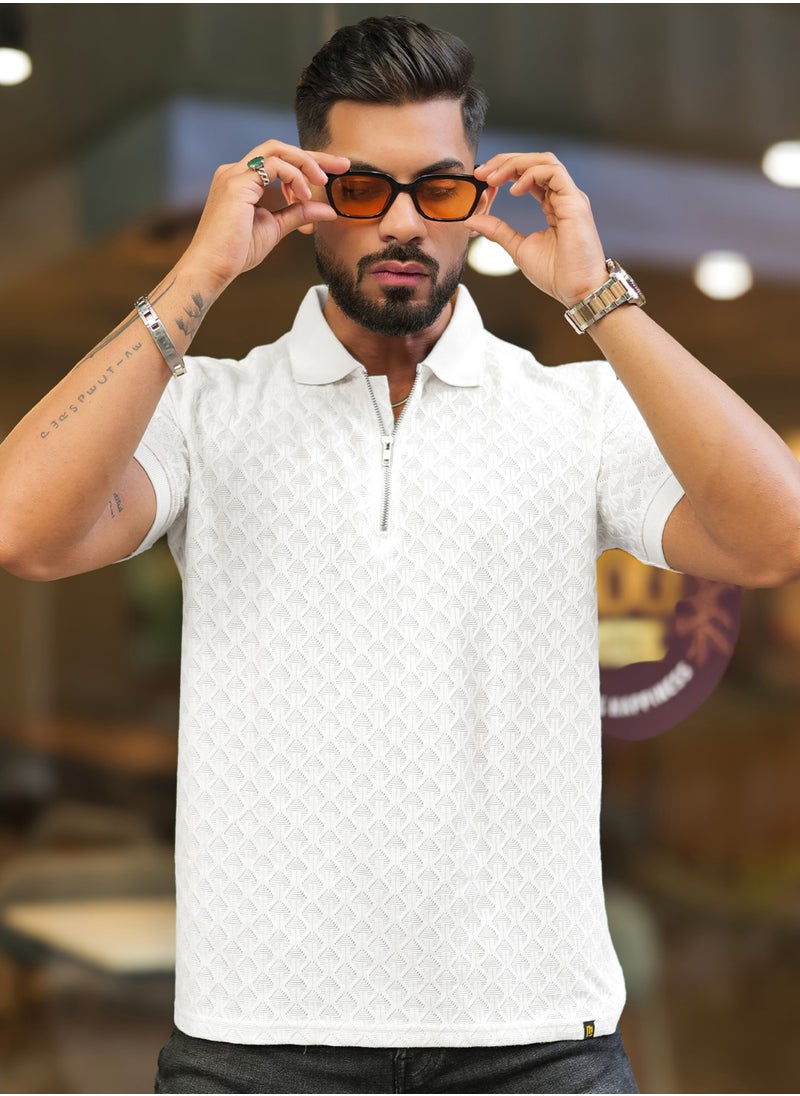 Maniac Maniac Mens Kite Textured Polo Neck Half Sleeve White Cotton Slim Fit T-Shirt  - Image 2