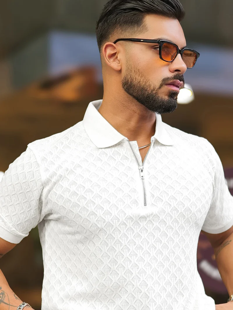 Maniac Maniac Mens Kite Textured Polo Neck Half Sleeve White Cotton Slim Fit T-Shirt