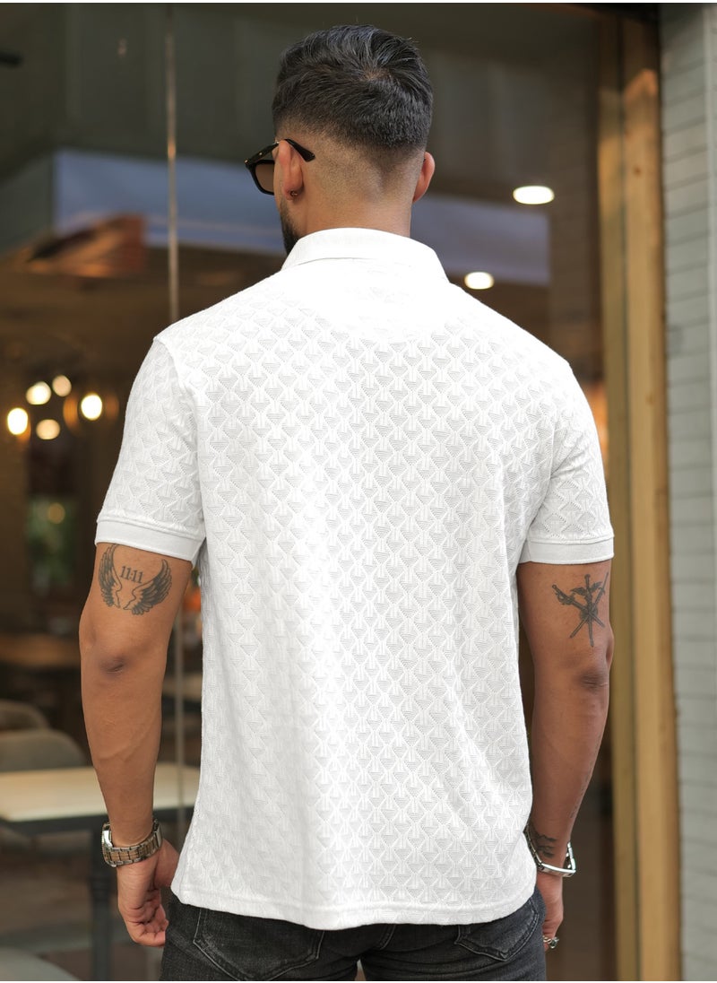 Maniac Maniac Mens Kite Textured Polo Neck Half Sleeve White Cotton Slim Fit T-Shirt  - Image 4
