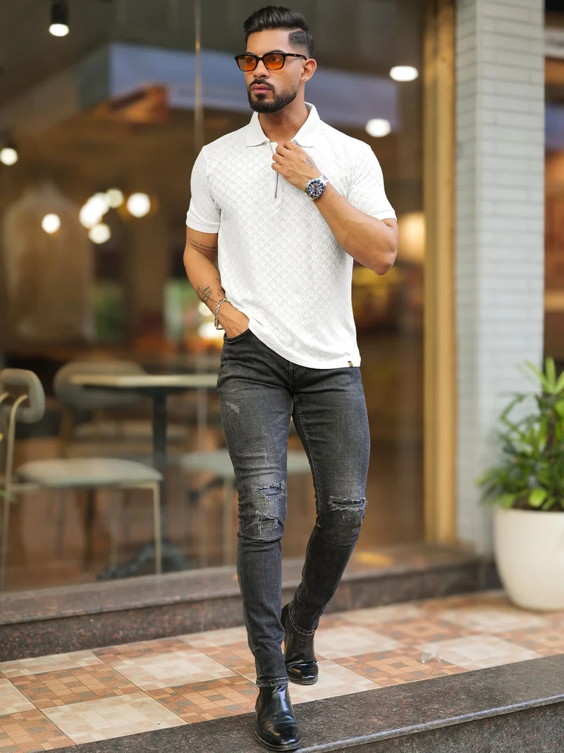 Maniac Maniac Mens Kite Textured Polo Neck Half Sleeve White Cotton Slim Fit T-Shirt