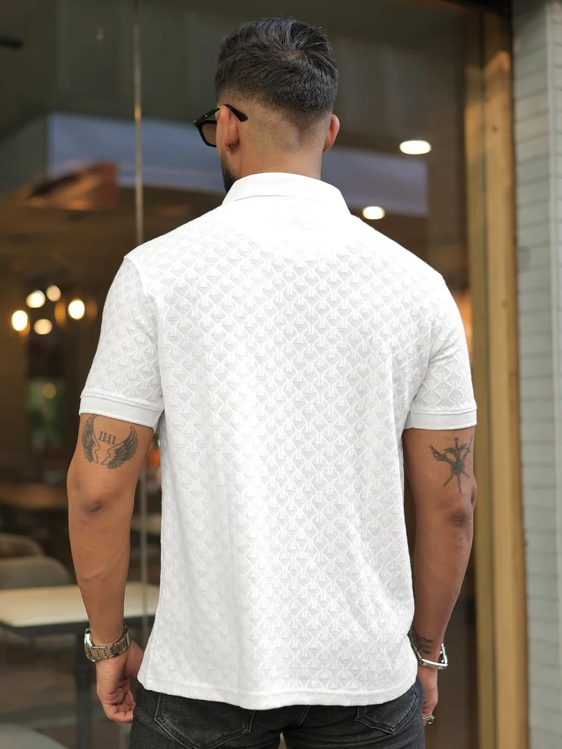Maniac Maniac Mens Kite Textured Polo Neck Half Sleeve White Cotton Slim Fit T-Shirt