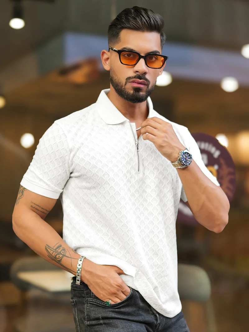 Maniac Maniac Mens Kite Textured Polo Neck Half Sleeve White Cotton Slim Fit T-Shirt
