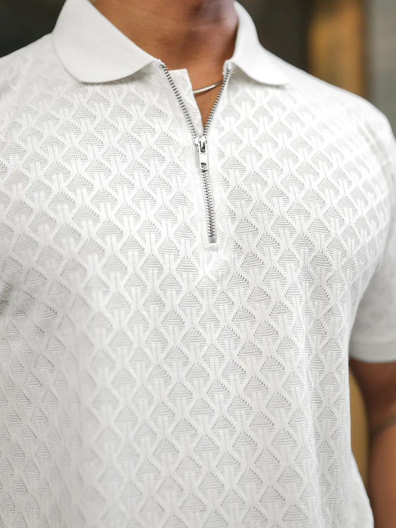 Maniac Maniac Mens Kite Textured Polo Neck Half Sleeve White Cotton Slim Fit T-Shirt