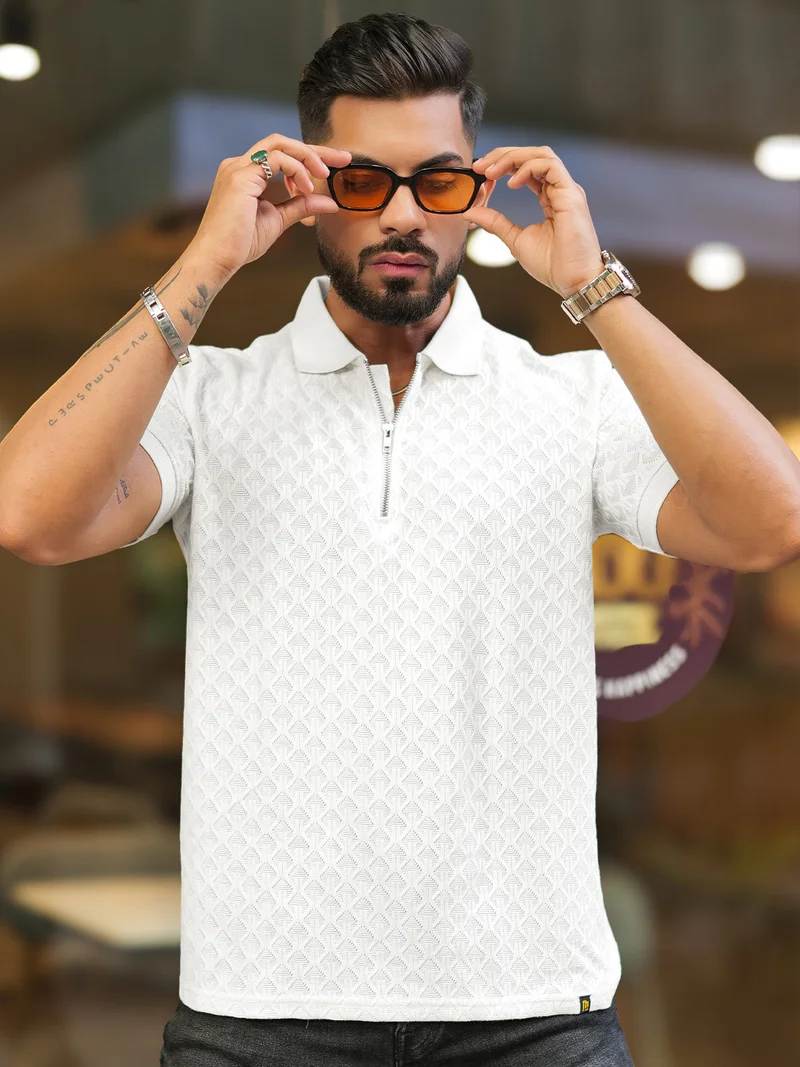 Maniac Maniac Mens Kite Textured Polo Neck Half Sleeve White Cotton Slim Fit T-Shirt