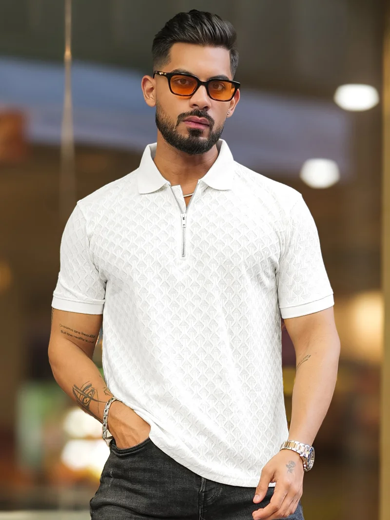 Maniac Maniac Mens Kite Textured Polo Neck Half Sleeve White Cotton Slim Fit T-Shirt
