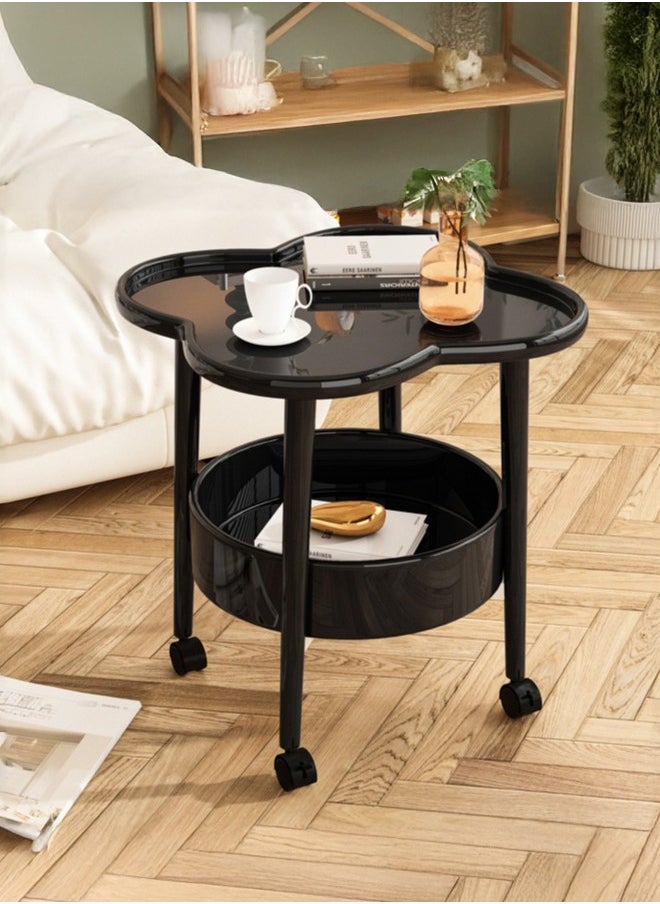 XiuWoo - Modern Elegant  Movable Side Table with Wheels, Bed Room Furniture  Small Round Edge Coffee Table, Matte Plastic End Table with Storage Shelf,Black - Image 1