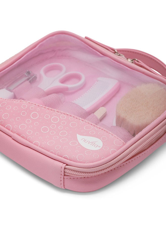 Essential Baby Care Kit - Nasal Aspirator, Small Scissors With Rounded Tips, Nail Clippers, Nail Files, Brush And Comb - Pink