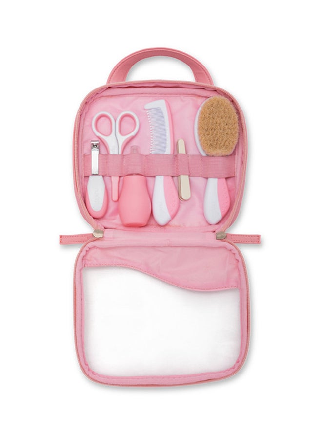 Essential Baby Care Kit - Nasal Aspirator, Small Scissors With Rounded Tips, Nail Clippers, Nail Files, Brush And Comb - Pink