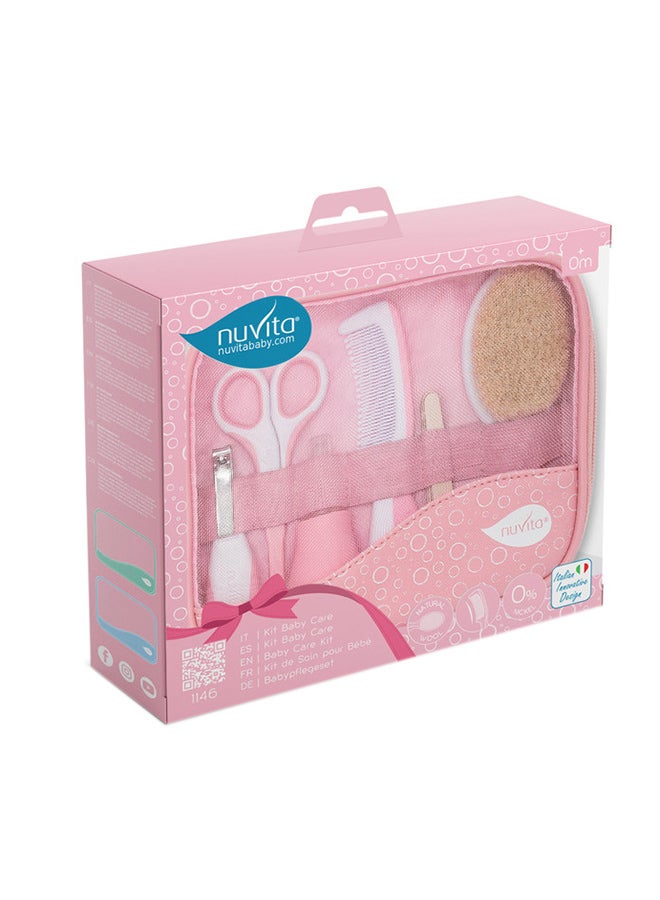 Essential Baby Care Kit - Nasal Aspirator, Small Scissors With Rounded Tips, Nail Clippers, Nail Files, Brush And Comb - Pink
