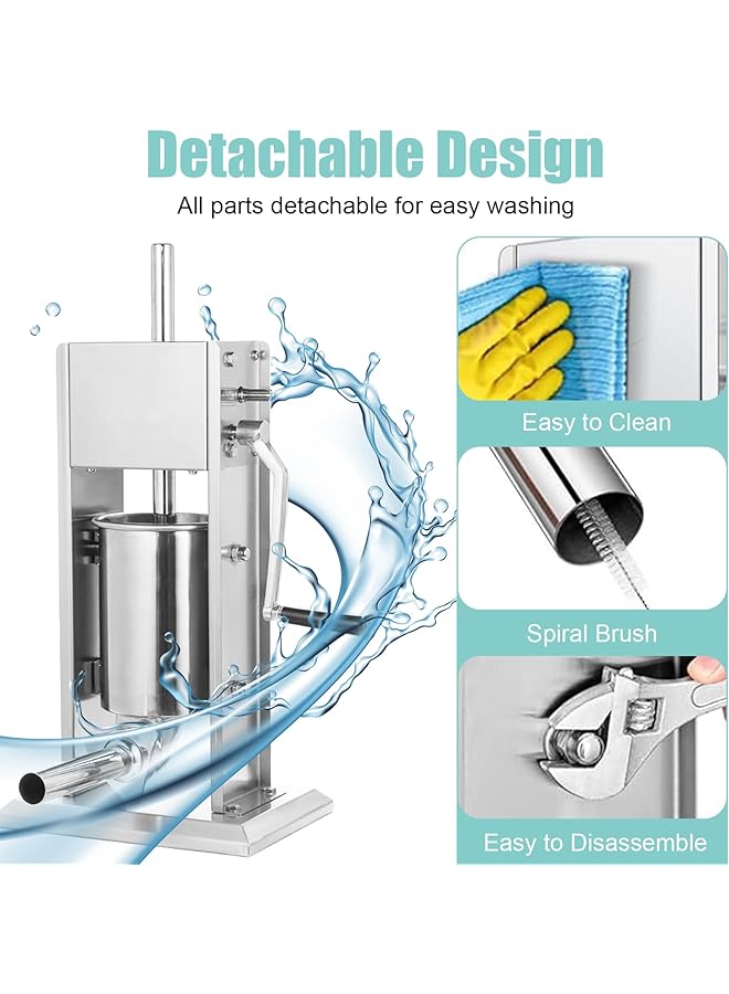 إيروريكس آلة حشو السجق 3 لتر من الفولاذ المقاوم للصدأ، آلة حشو السجق اليدوية محلية الصنع مع 5 أنابيب حشو، قمع، آلة حشو السجق بسرعة مزدوجة للاستخدام التجاري المنزلي 3 لتر - Image 3