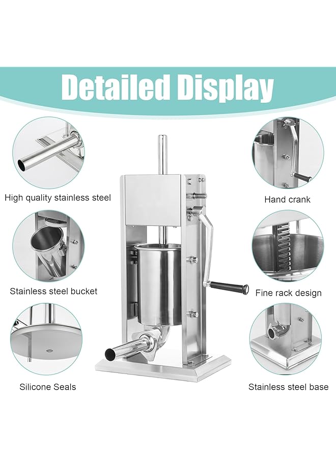 إيروريكس آلة حشو السجق 3 لتر من الفولاذ المقاوم للصدأ، آلة حشو السجق اليدوية محلية الصنع مع 5 أنابيب حشو، قمع، آلة حشو السجق بسرعة مزدوجة للاستخدام التجاري المنزلي 3 لتر - Image 4