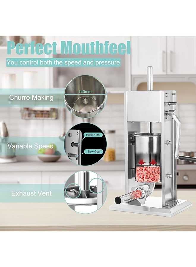 إيروريكس آلة حشو السجق 3 لتر من الفولاذ المقاوم للصدأ، آلة حشو السجق اليدوية محلية الصنع مع 5 أنابيب حشو، قمع، آلة حشو السجق بسرعة مزدوجة للاستخدام التجاري المنزلي 3 لتر - Image 2