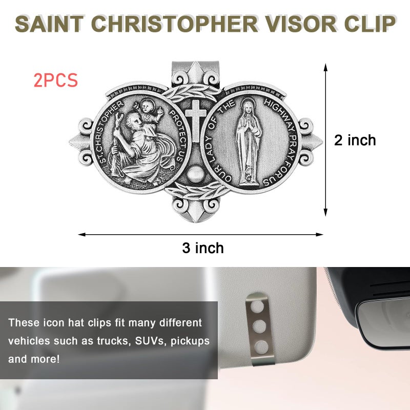 Generic Suvnie 2 PCS St Christopher Medal for Car, Saint Christopher & Our Lady Sun Visor Decor Clip, Catholic Visor Clip to Bless Driving Safety, Car Accessories Gift for Driver Family Friend  - Image 2