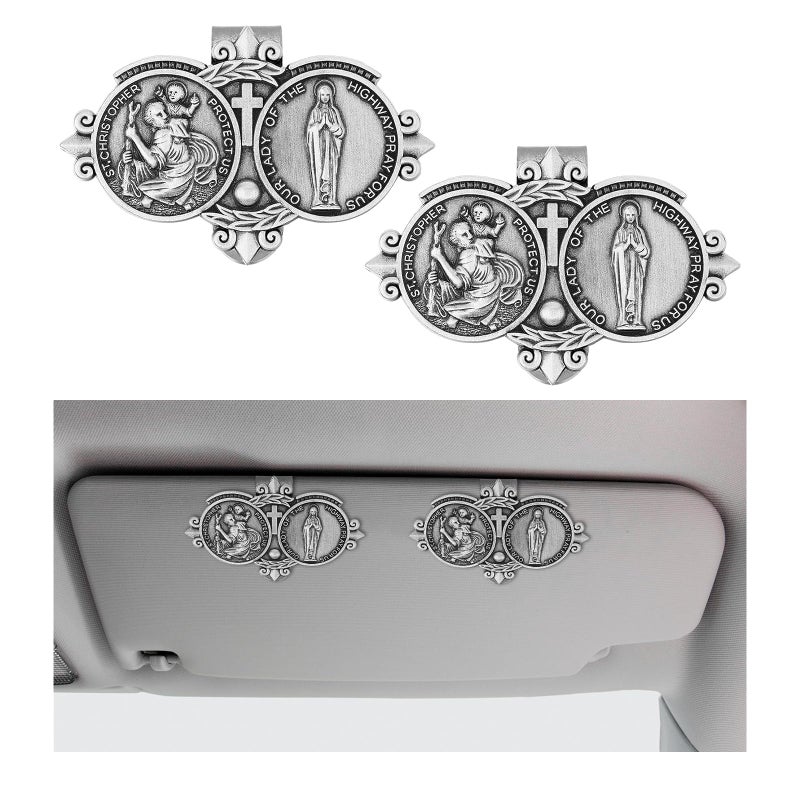 Generic Suvnie 2 PCS St Christopher Medal for Car, Saint Christopher & Our Lady Sun Visor Decor Clip, Catholic Visor Clip to Bless Driving Safety, Car Accessories Gift for Driver Family Friend  - Image 1