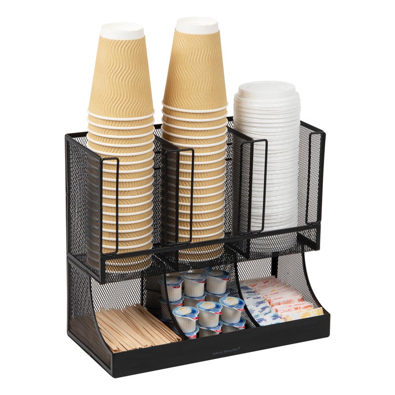 Mind Reader Cup and Condiment Station, Countertop Organizer, Coffee Bar, Kitchen, Metal Mesh, 13"L x 6.45"W x 11.25"H, Black - Image 1