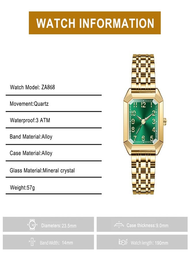 BESTKANG Vintage Gold Roman Numeral Watch for Women, Rectangular Alloy Bracelet, 3ATM Waterproof Quartz Movement with Tools, Gold Green2, Vintage - Image 3