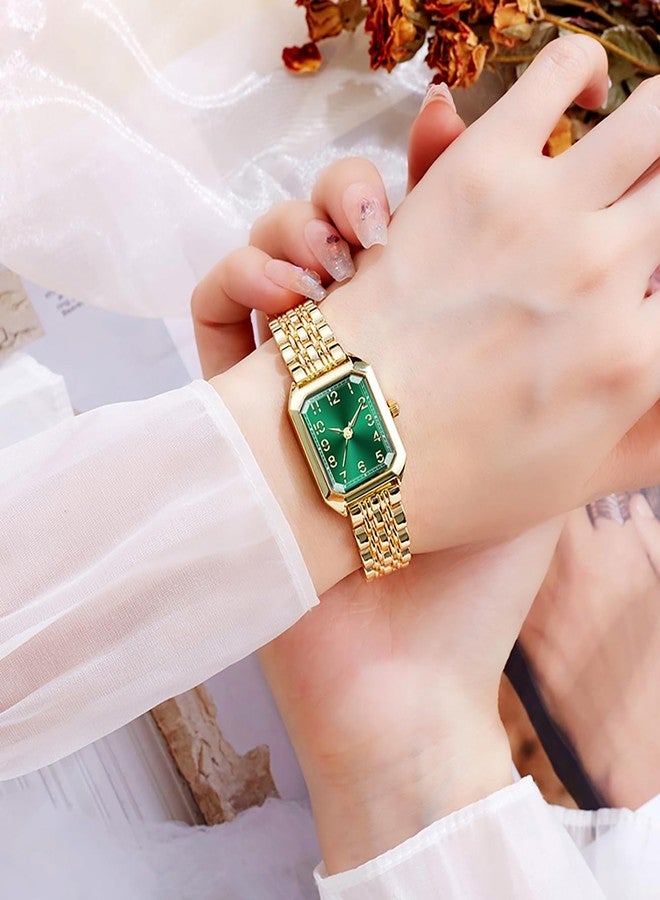 BESTKANG Vintage Gold Roman Numeral Watch for Women, Rectangular Alloy Bracelet, 3ATM Waterproof Quartz Movement with Tools, Gold Green2, Vintage - Image 2