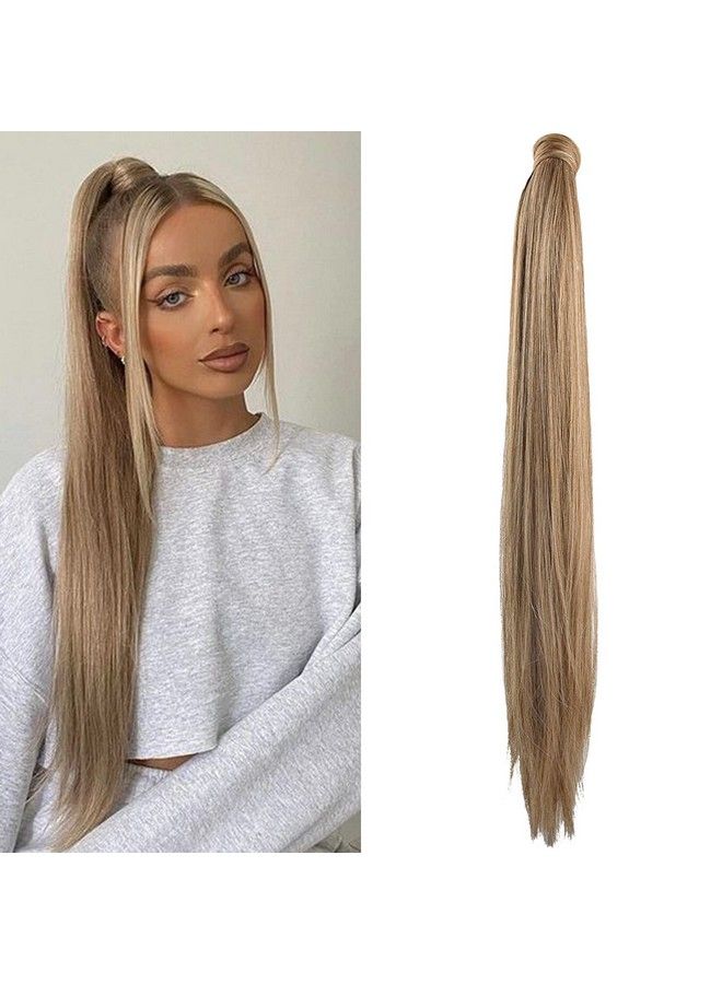 SEIKEA 28 Inch Clip In Ponytail Extension Wrap Around Long Straight Pony Tail Hair Synthetic Hairpiece For Women Color Ash Blonde With Golden Blonde - Image 2