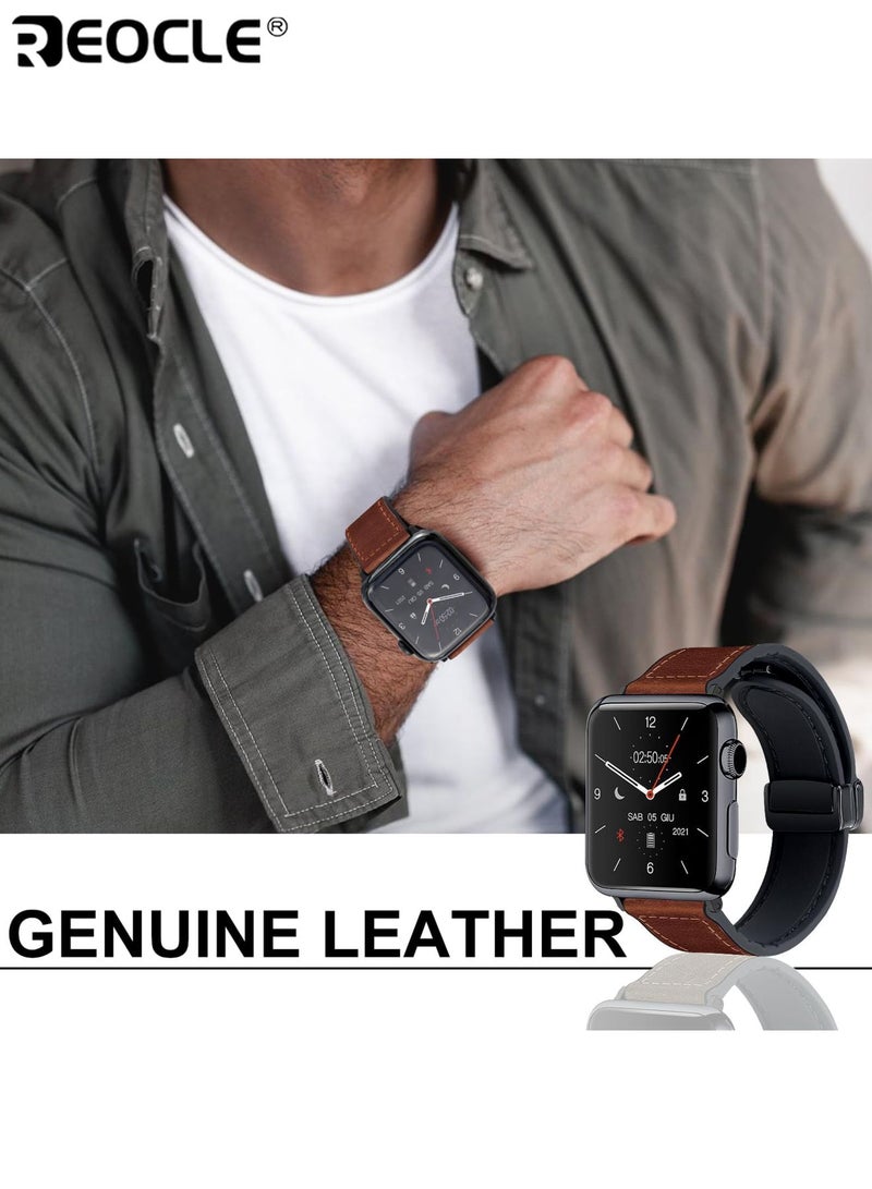 ريوكل سوار ساعة جلدي مغناطيسي لساعة أبل استبدال مشبك مغناطيسي فائق حزام جلد طبيعي لسلسلة Apple Watch جودة ممتازة ملاءمة مريحة مثالية لمستخدمي Apple Watch (يناسب 49 مم / 45 مم / 44 مم / 42 مم) - Image 2
