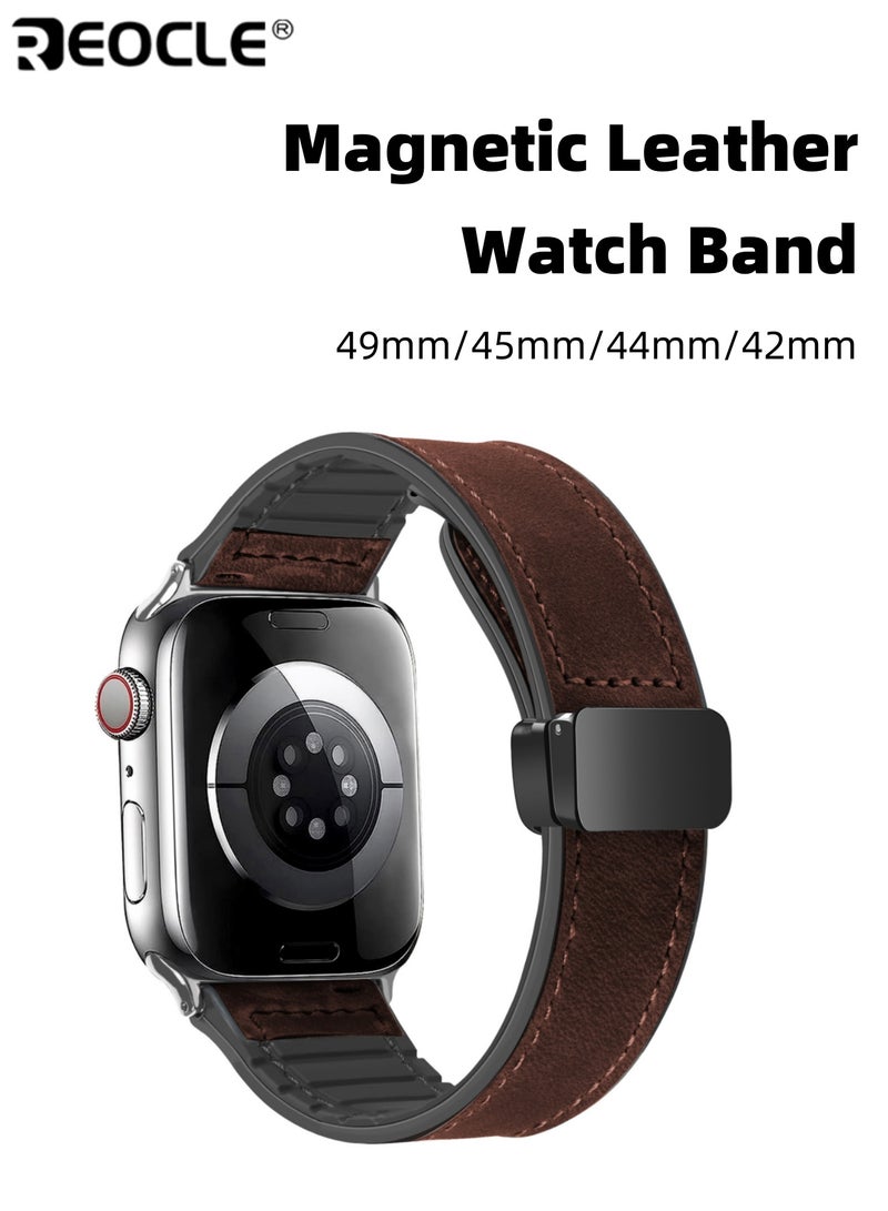 ريوكل سوار ساعة جلدي مغناطيسي لساعة أبل استبدال مشبك مغناطيسي فائق حزام جلد طبيعي لسلسلة Apple Watch جودة ممتازة ملاءمة مريحة مثالية لمستخدمي Apple Watch (يناسب 49 مم / 45 مم / 44 مم / 42 مم) - Image 1