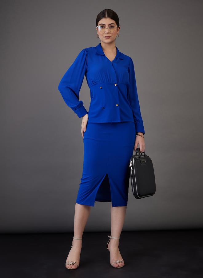 SASSAFRAS Button Detail Peplum Top & Front Slit Midi Skirt Co-Ord by Styli  - Image 3