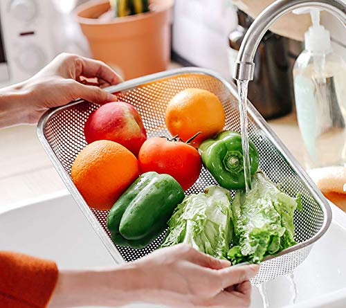Cedilis 2 Pack Large Stainless Steel Colander Strainer, 6 Quart Mesh Vegetable Washing Basket, Rectangle Drainer Sink Basket for Vegetable Fruit Food (15" x 11" x 2.6") - Image 2