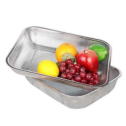 Cedilis 2 Pack Large Stainless Steel Colander Strainer, 6 Quart Mesh Vegetable Washing Basket, Rectangle Drainer Sink Basket for Vegetable Fruit Food (15" x 11" x 2.6") - Image 1