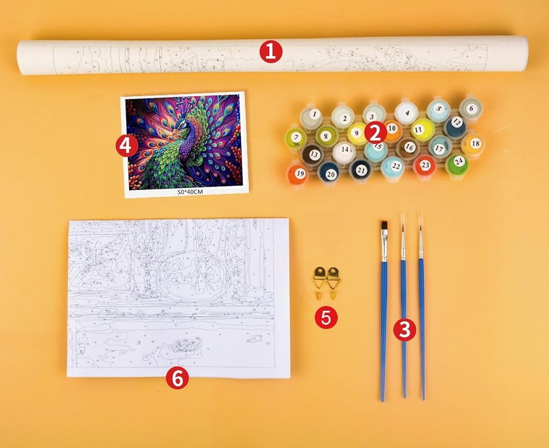 TREXEE DIY Oil Painting Paint by Numbers Kit for Kids and Adults, 16" Wx20" Linen Oil Canvas, Pre-Printed Canvas with Brushes and Pigment, DIY Color Oil Painting Acrylic Paints, Peacock Painting - Image 2