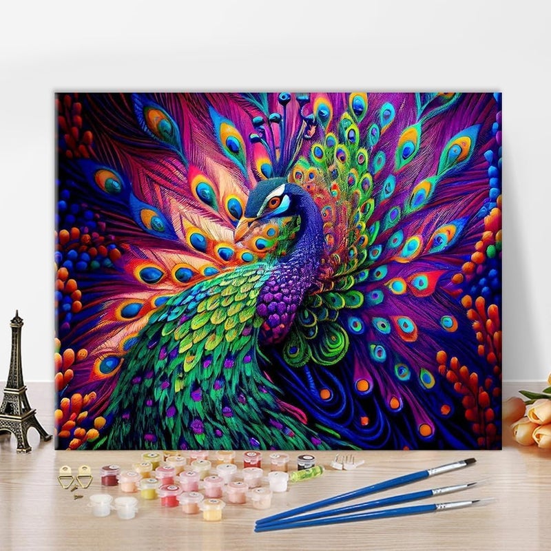 TREXEE DIY Oil Painting Paint by Numbers Kit for Kids and Adults, 16" Wx20" Linen Oil Canvas, Pre-Printed Canvas with Brushes and Pigment, DIY Color Oil Painting Acrylic Paints, Peacock Painting - Image 1