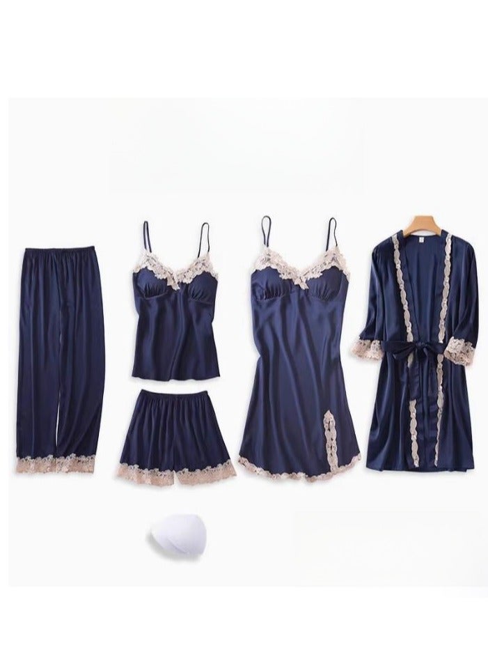 Pajama Women's Ice Silk Five Piece Set With High-End Feel And Chest Cushion Silk Home Suit Set - Image 1