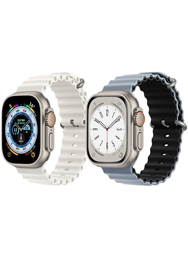 IAF - Silicone Ocean Band Strap for Apple Watch Ultra 8 49mm White Single Color Strap with Light Blue/Black Double Side Strap Set of 2 - Image 1