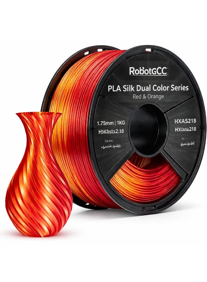 robotgcc PLA Silk Dual Color Red Orange 1.75mm 3D Printing Material 1KG Spool Glossy Gradient Filament Smooth Surface Easy Print Low Warping Strong Layer Adhesion Precision Diameter Stable Extrusion FDM Compatible for Decorative Models Prototyping DIY Projects - Image 1